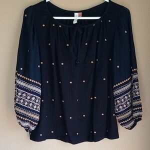 Pilcro Women’s Black Boho Embroidered Peasant Top With Balloon Sleeve Size S